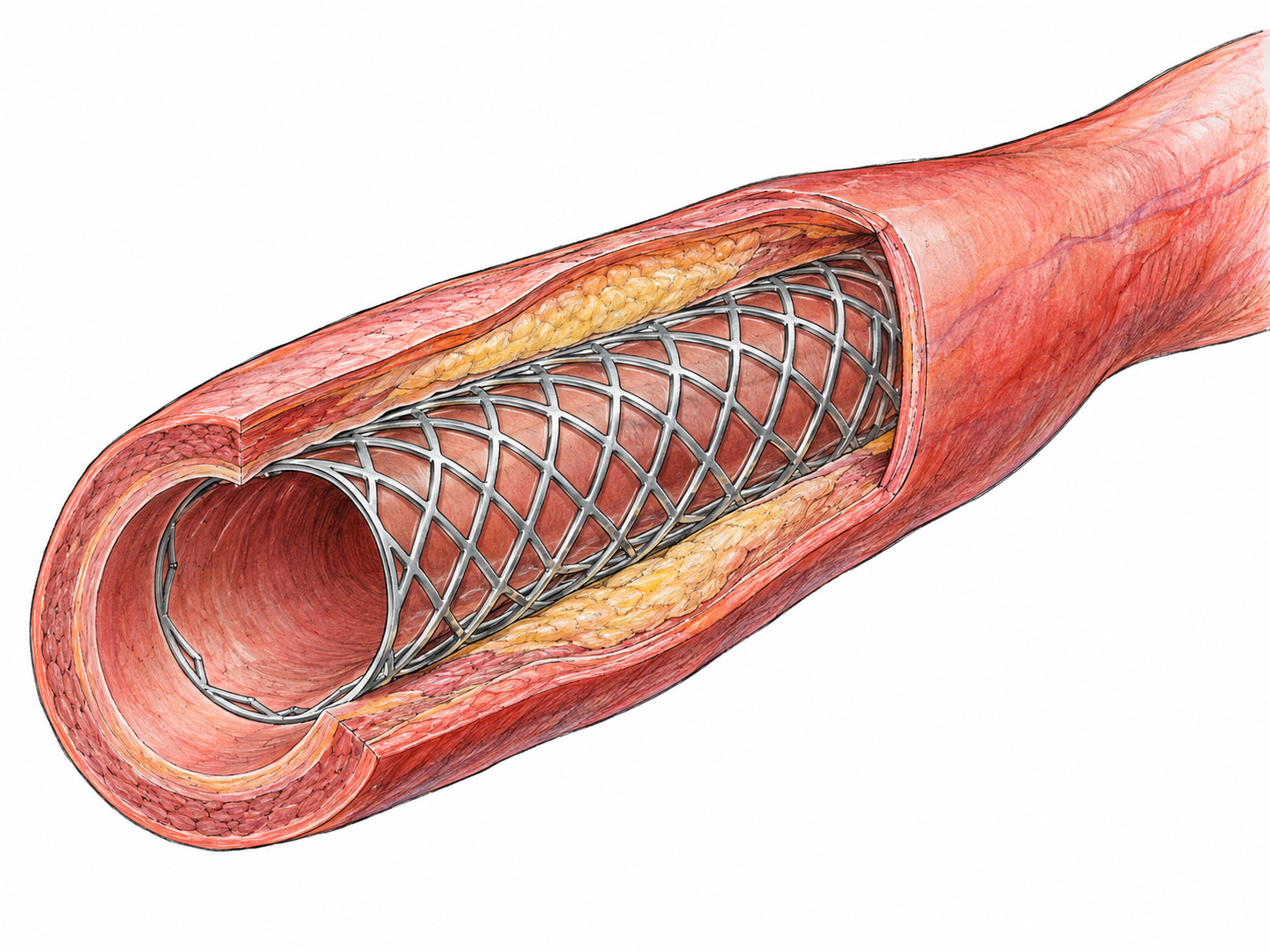 An enlarged cutaway of a short artery segment shows a cylindrical metal-mesh stent supporting the vessel from inside, with its open central passage clearly visible.