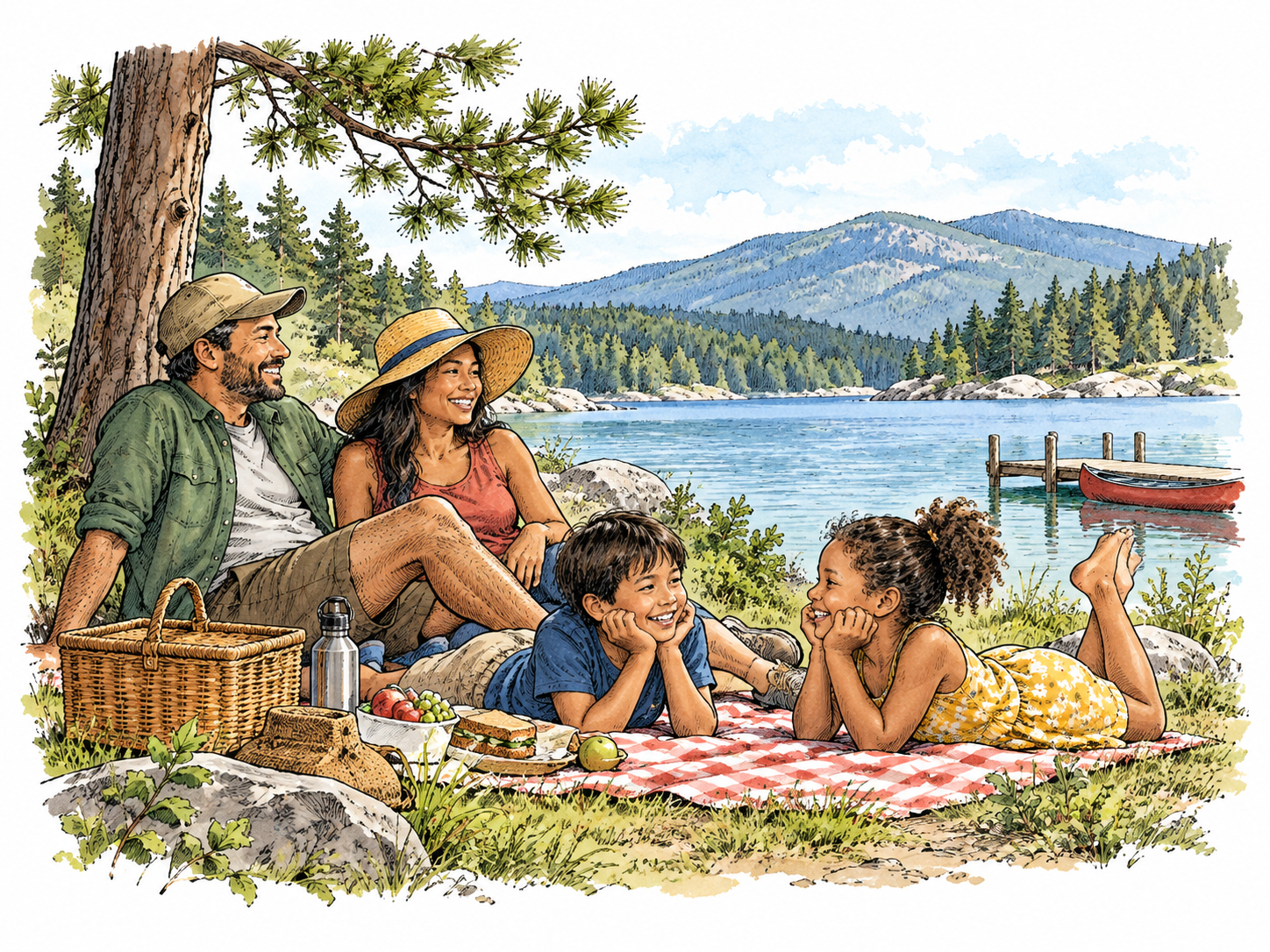 Mixed-ethnicity family relaxes at a lakeside picnic during time away from work.