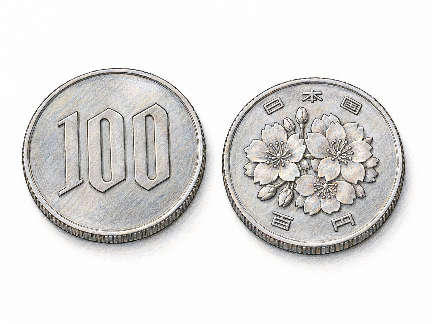 A close-up of two Japanese 100-yen coins, one showing the large denomination and the other showing the recognizable cherry-blossom face.