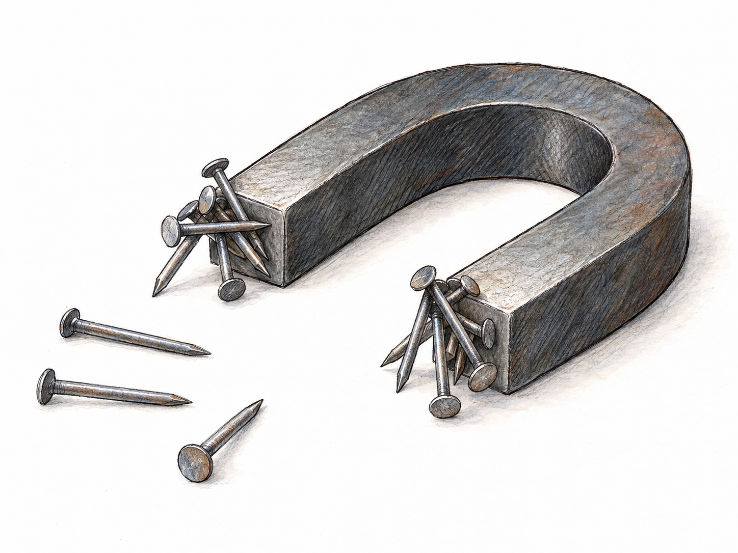 A plain horseshoe magnet lifting several iron nails, showing magnetism as a property of the material itself rather than an added decoration.