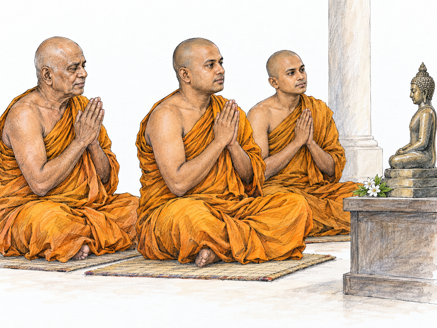 Three adult male Buddhist monks in matching ochre robes sit together in prayer inside a sparsely suggested monastery hall, making both religious commitment and communal monastic life visible.