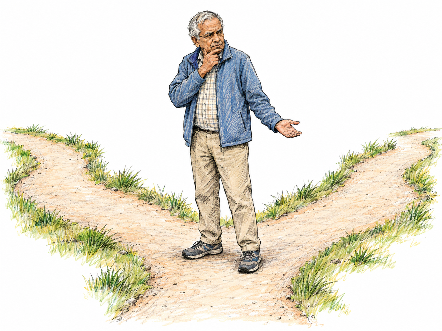 An older man pauses at an equally passable fork in a walking path, looking between its two branches with a furrowed brow, one hand at his chin and the other held uncertainly outward.