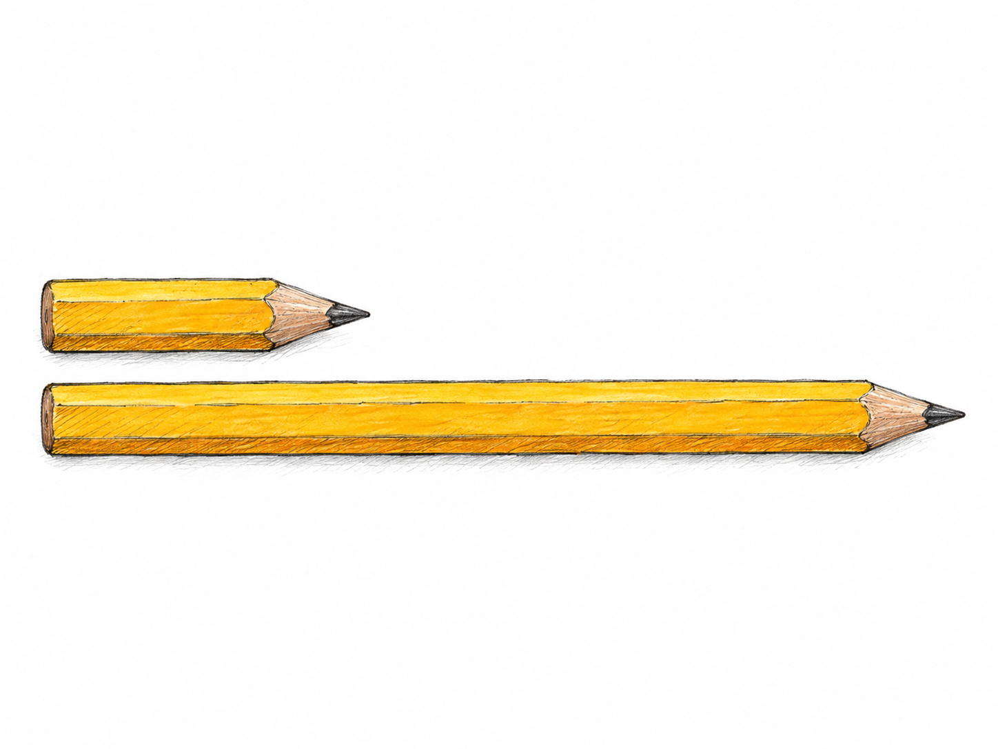 A very short pencil beside a full-length pencil of the same design, their blunt ends aligned to make the small length immediately apparent.