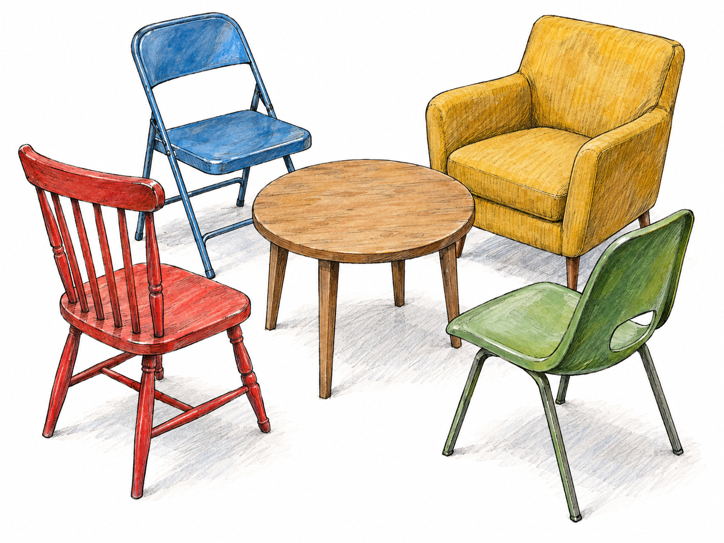 A compact cluster of conspicuously mismatched chairs around one plain table: different styles, materials, colors, and heights visibly form a motley assortment.