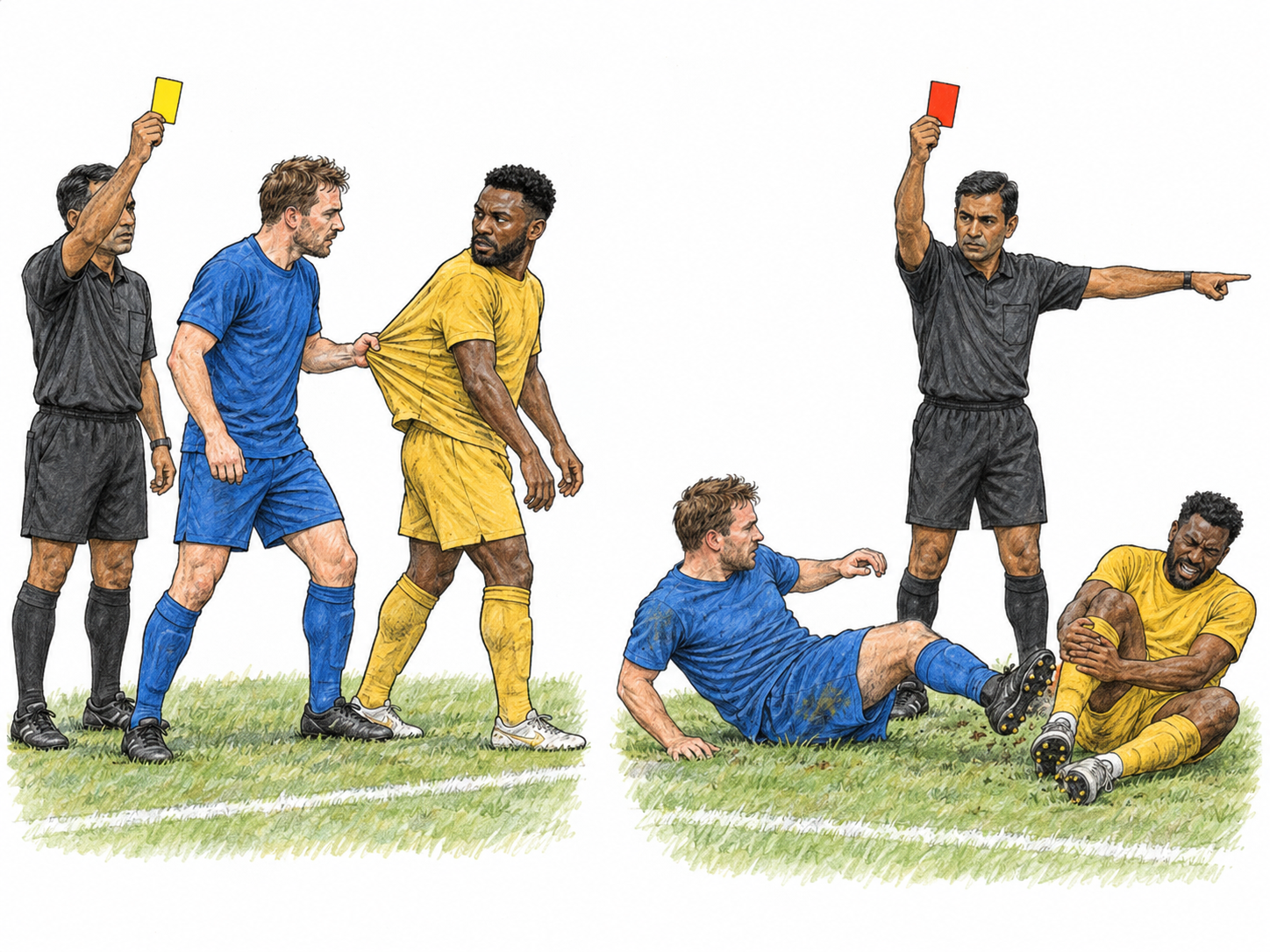 A soccer referee metes out proportionate disciplinary punishment: a yellow card for a shirt-pulling foul, contrasted with a red card and dismissal for a dangerous tackle.