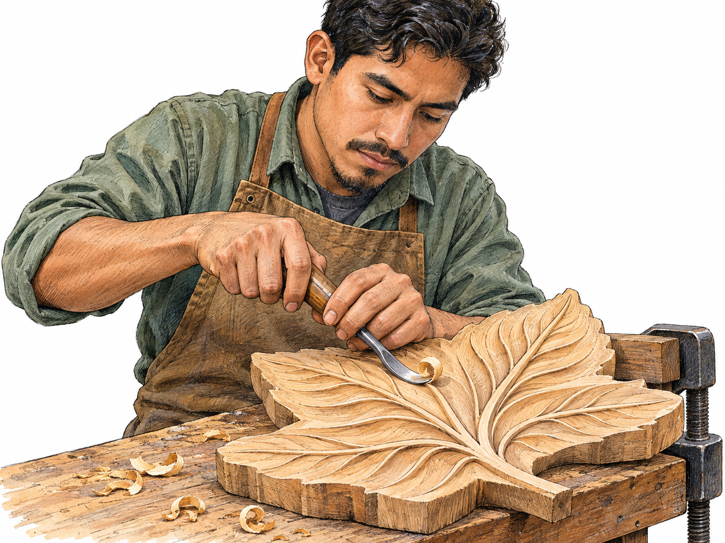 A woodcarver deftly cuts a precise curved vein into a nearly finished wooden leaf; crisp, symmetrical relief carving and controlled tool handling make practiced ability visible.