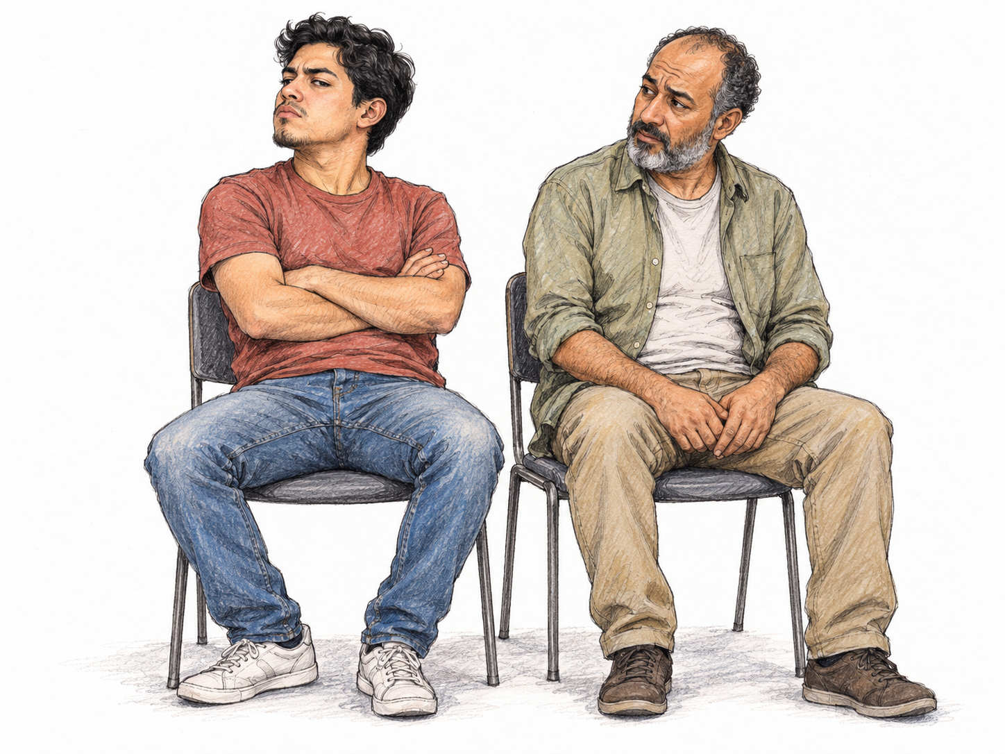 A young adult Latino man sits in a huff, arms tightly folded and torso turned away from an older adult Middle Eastern or North African male companion.