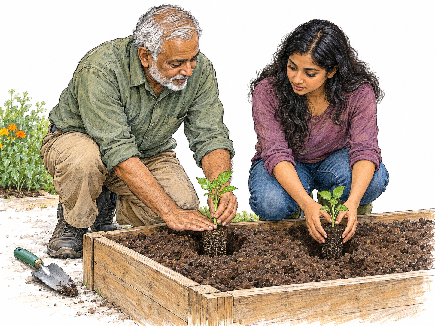 An experienced gardener imparts planting knowledge through a visible demonstration: he shows how a seedling’s root ball should sit level with the surrounding soil, while a younger gardener watches and copies his placement in an adjacent hole.