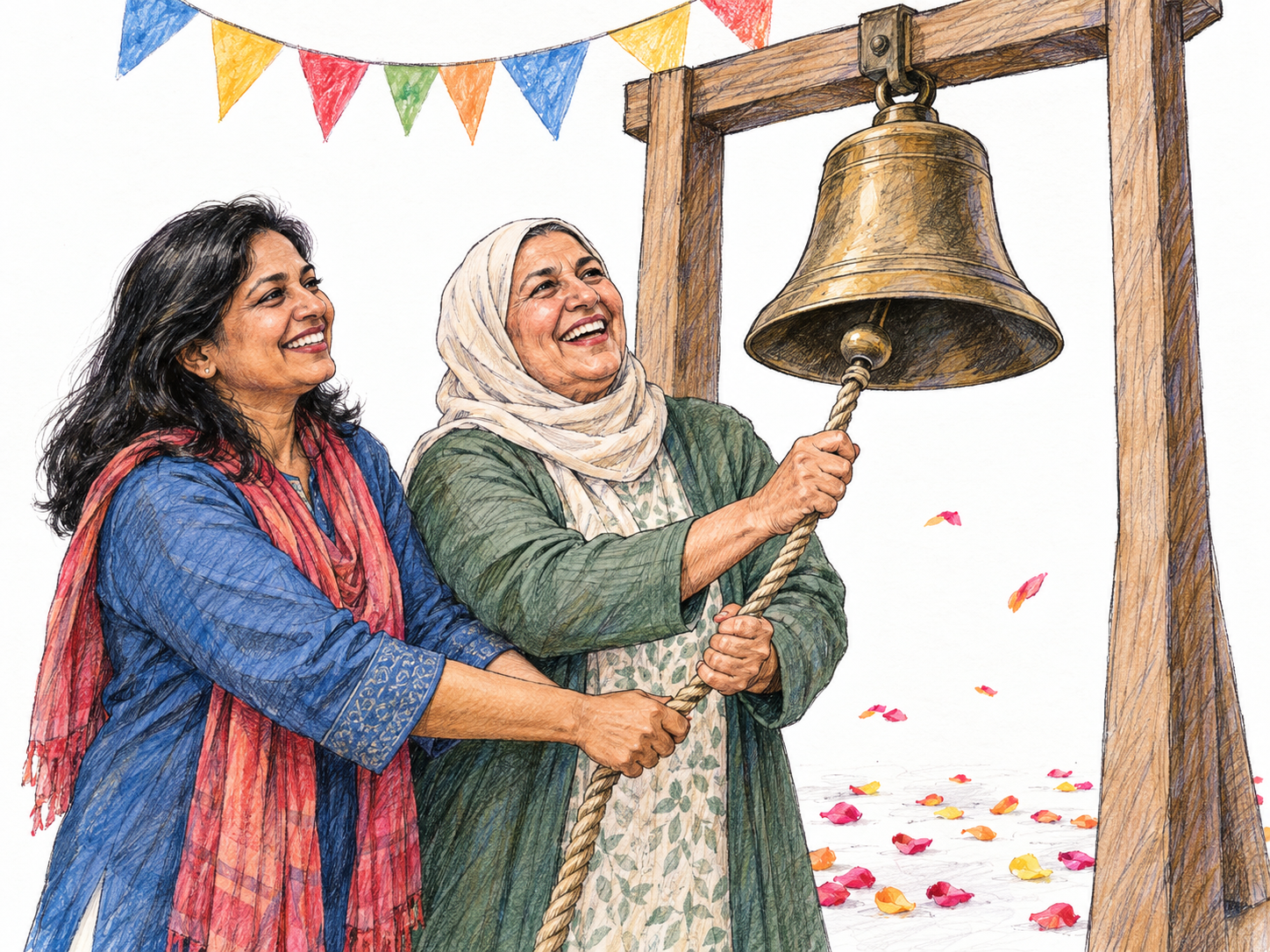 Two community members joyfully ring a ceremonial bell together at a public jubilee celebration, beneath a simple arc of festive bunting.