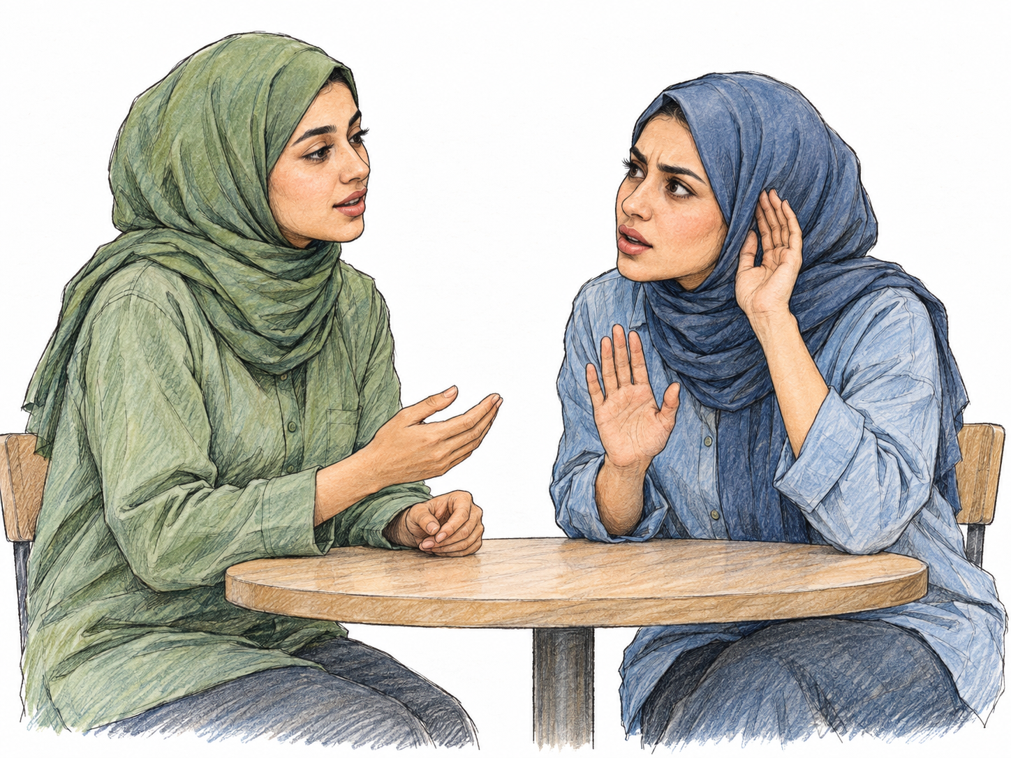A woman speaks very softly across a small table while her companion leans forward, cups an ear, and gently signals that she cannot hear.