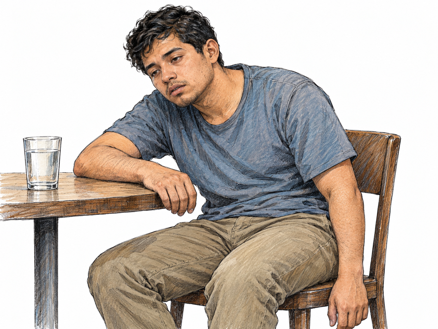 An awake young man sits heavily slumped at a small table, his unfocused half-open eyes, sagging shoulders and loosely dangling arm conveying pronounced physical and mental sluggishness rather than sleep.