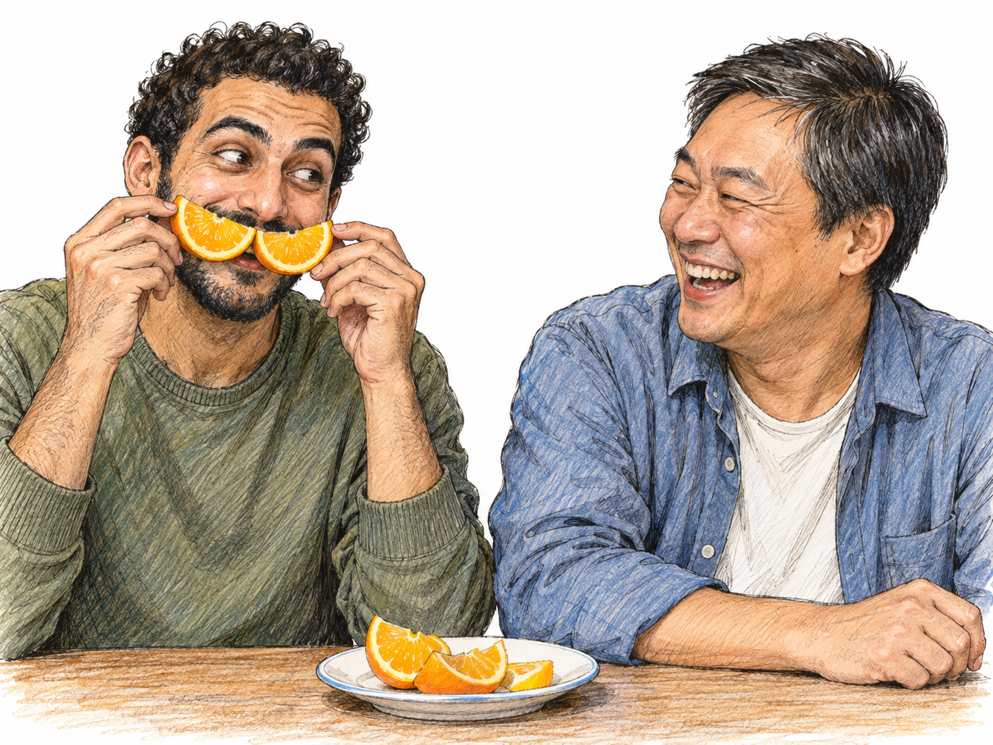 At a casual table, a man playfully holds two orange wedges over his mouth as an absurd oversized smile, raising his eyebrows toward a companion who laughs at the joke.