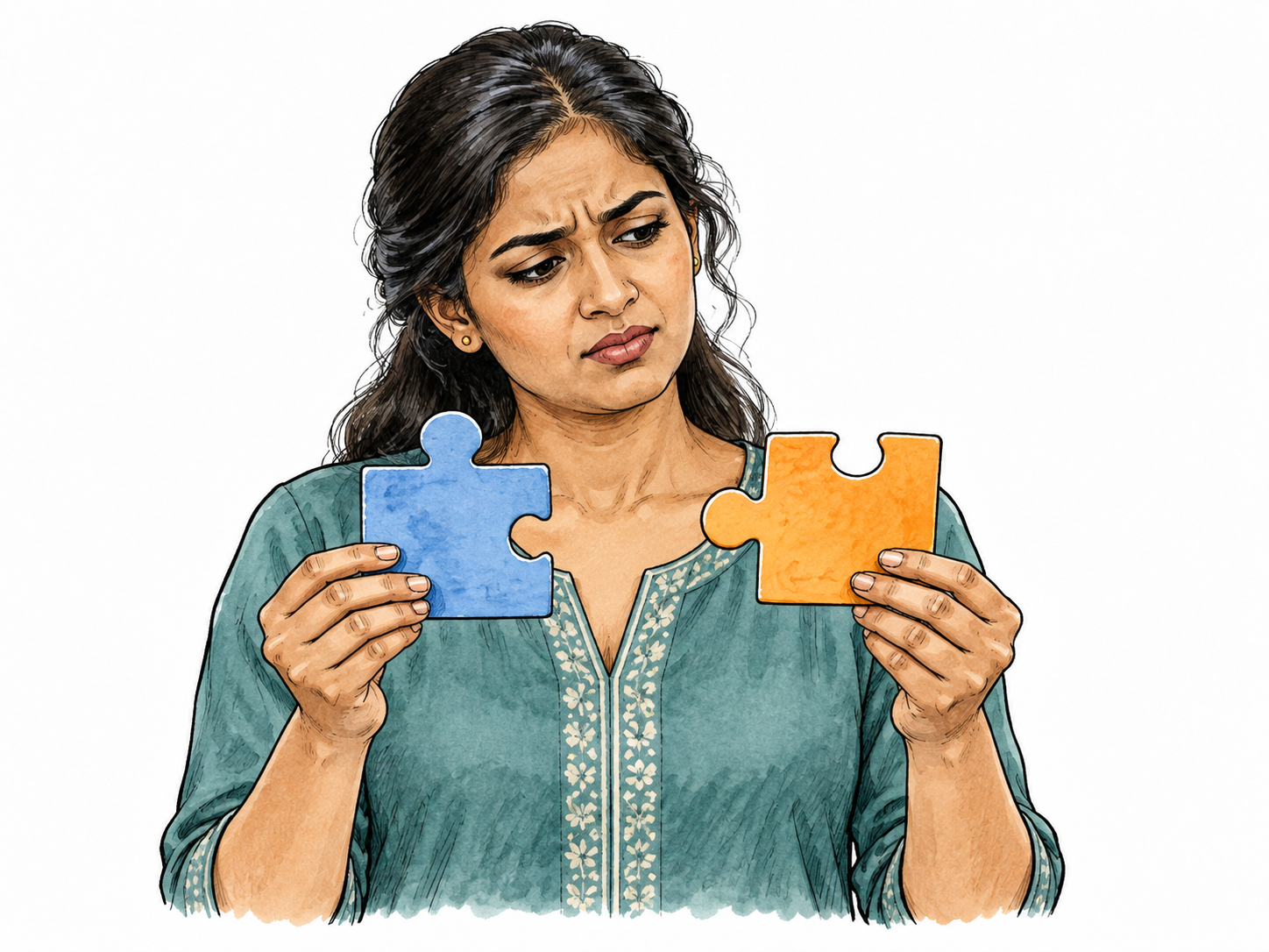 An adult pauses with two unmatched puzzle pieces and a puzzled brow, inability to see how they connect clear, no question-mark writing.