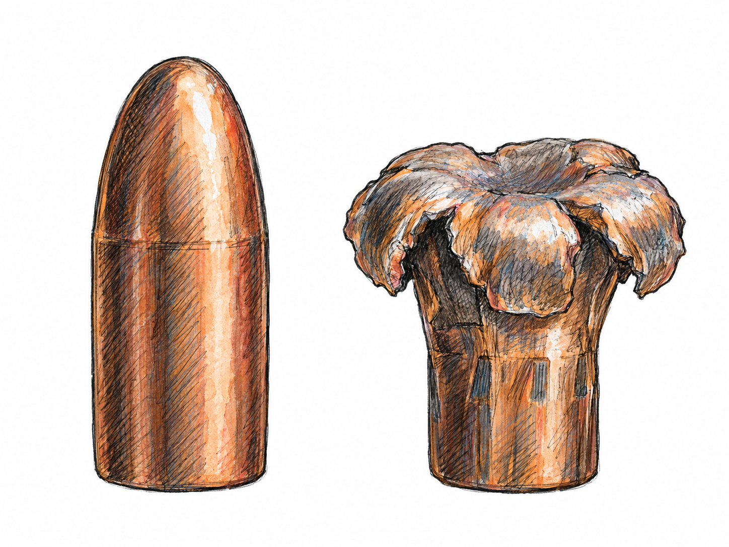 A simple side-by-side view of an intact expanding bullet and a recovered bullet with its nose visibly mushroomed, illustrating expansion on impact without a weapon, injury, or technical diagram.