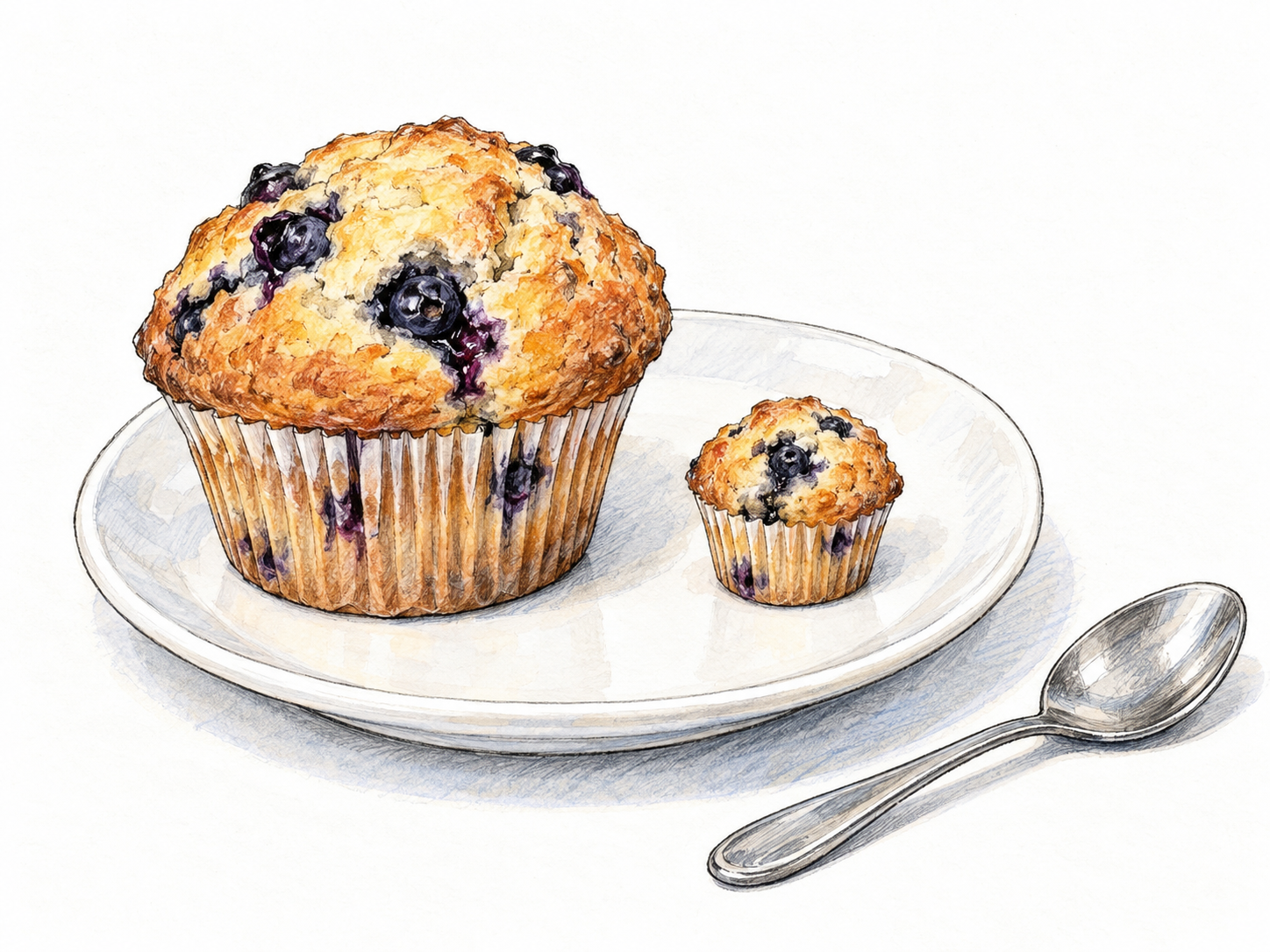 A miniature muffin beside a usual-sized muffin of the same kind, resting together on one ordinary saucer so the smaller-than-usual size is immediately visible.