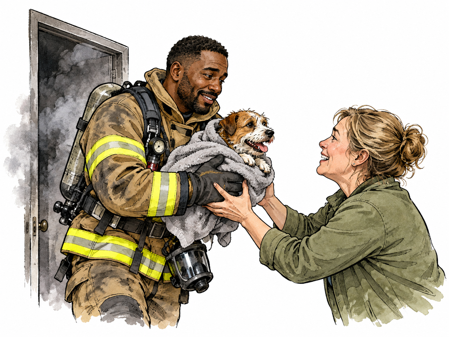 A Black firefighter carries a safely wrapped small dog out of a smoky doorway to a grateful adult waiting in clean air, no flames touching subjects, rescue unmistakable.