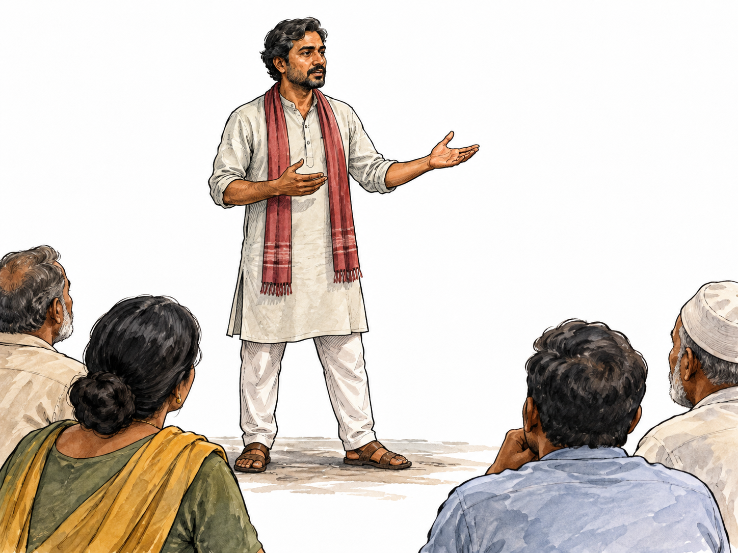 A South Asian community member firmly but calmly takes a position at a public discussion, planted feet and open hand, no slogans.