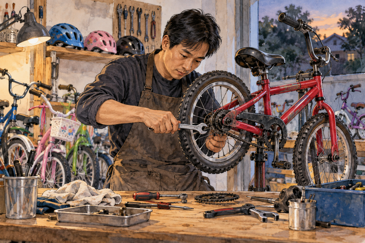 A volunteer devotes an evening to carefully repairing donated bicycles for children, focused sustained effort at workbench.