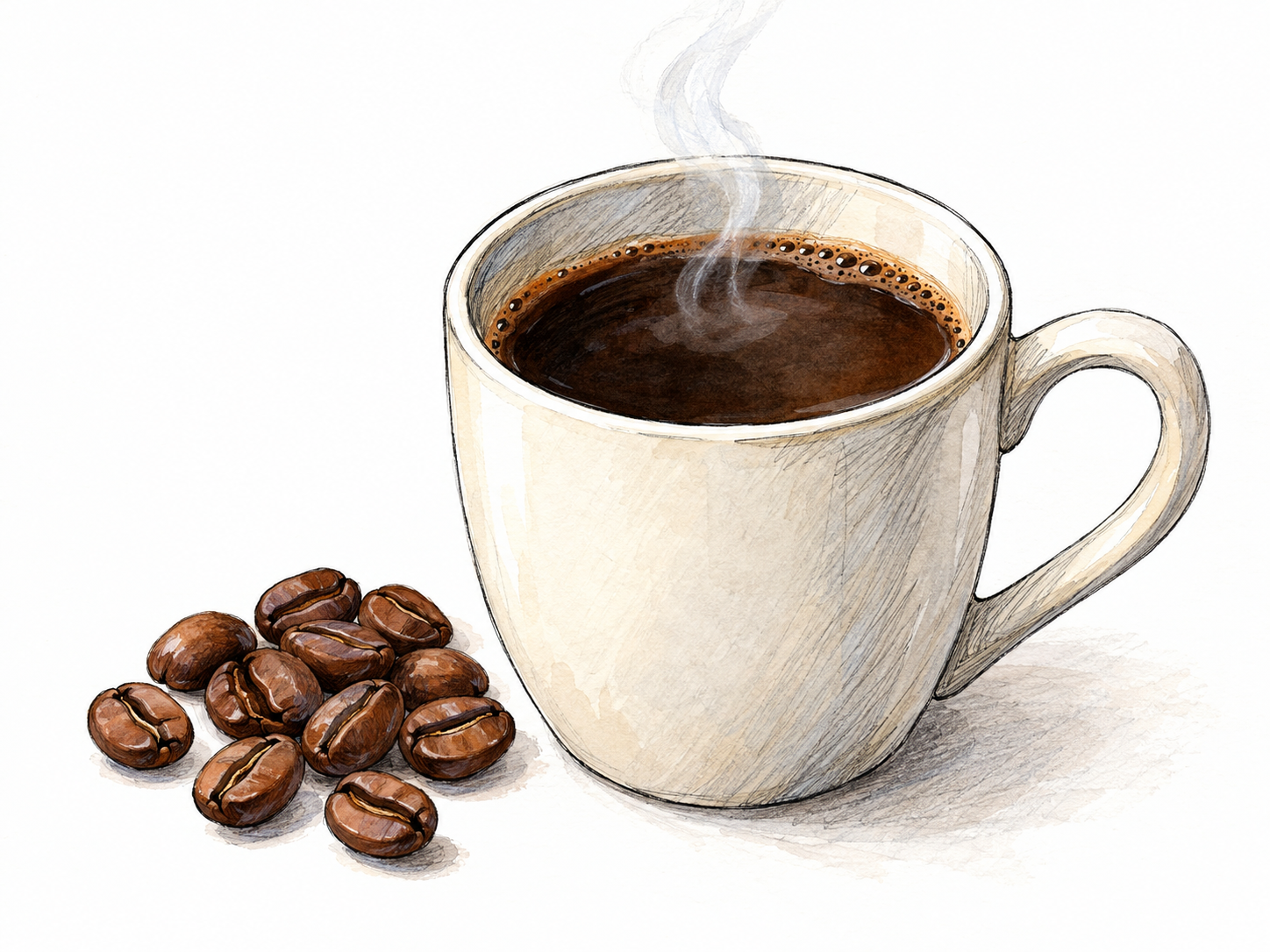 A plain ceramic mug filled with dark coffee, with a few roasted coffee beans beside it to distinguish the drink from tea or cocoa.