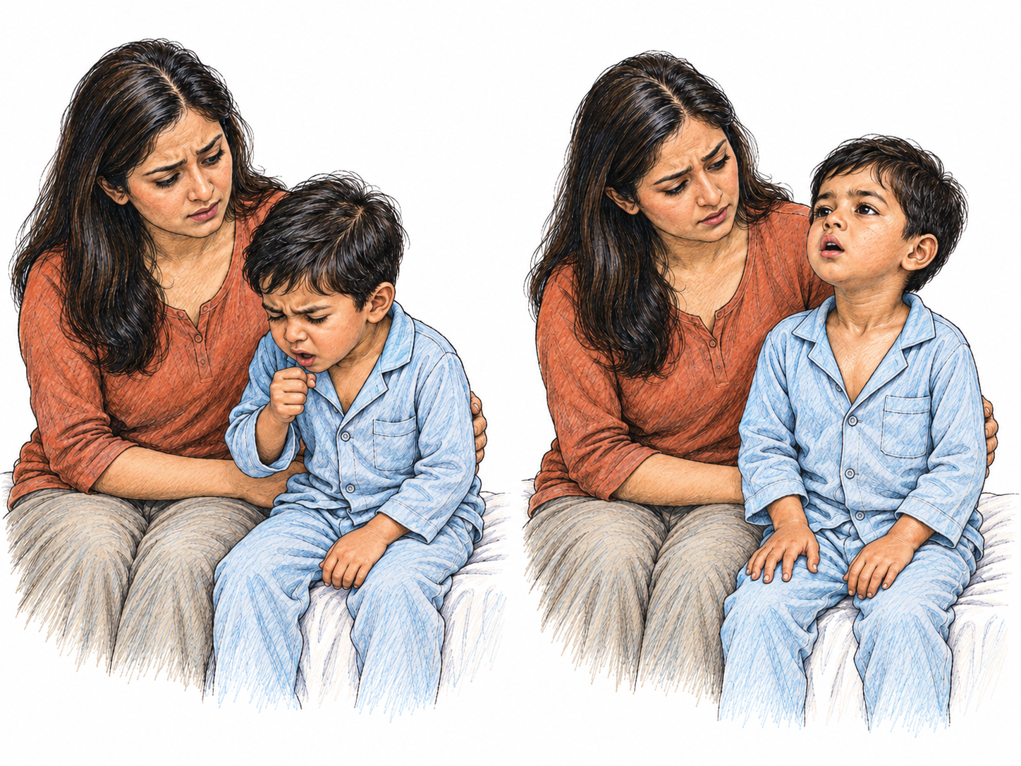 A compact two-moment depiction of a preschool child with croup: a forceful coughing fit followed by visibly effortful inhalation while supported upright by a parent.
