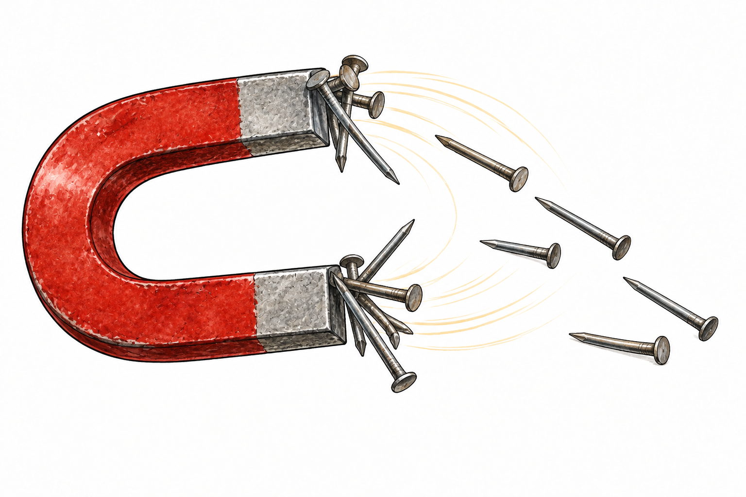 A red horseshoe magnet attracts iron nails with a clear air gap and curved paths, no diagram arrows.