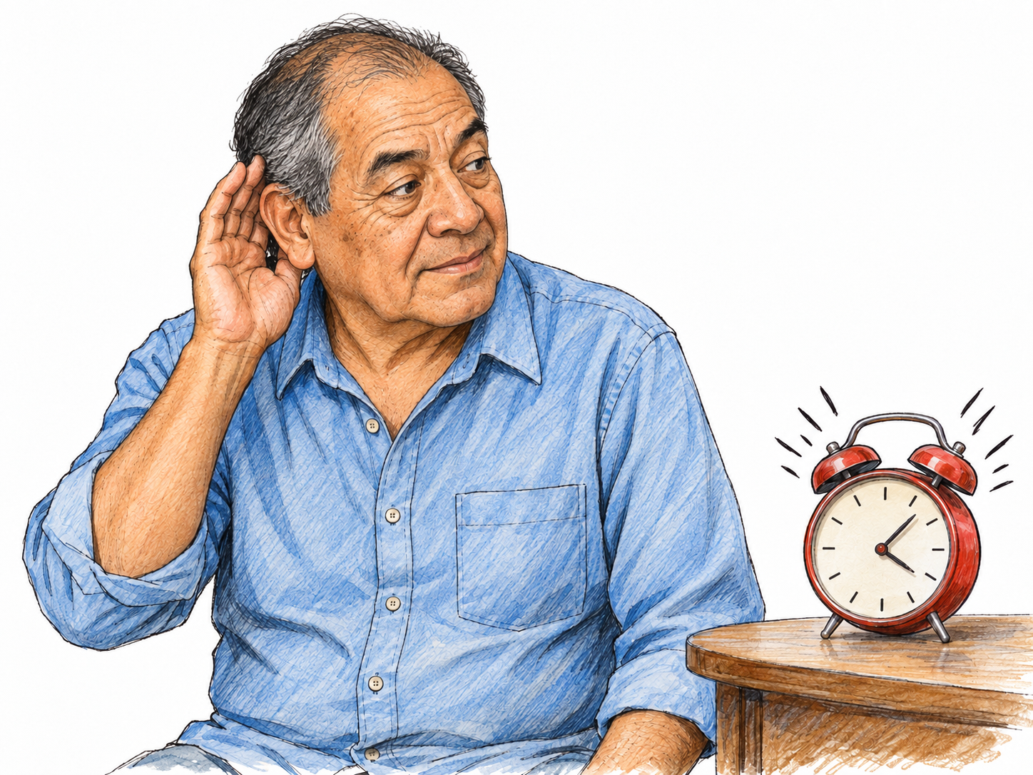 An older Latino man hears a small tabletop alarm clock ringing and turns his head toward it, lightly cupping one ear.