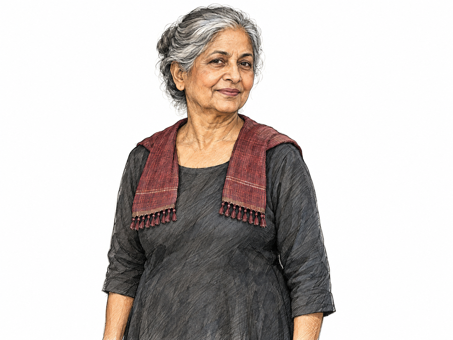 A waist-up garment portrait showing a narrow ornamental shoulder scarf draped across both shoulders, with its two ends hanging down the front of a plain dress.