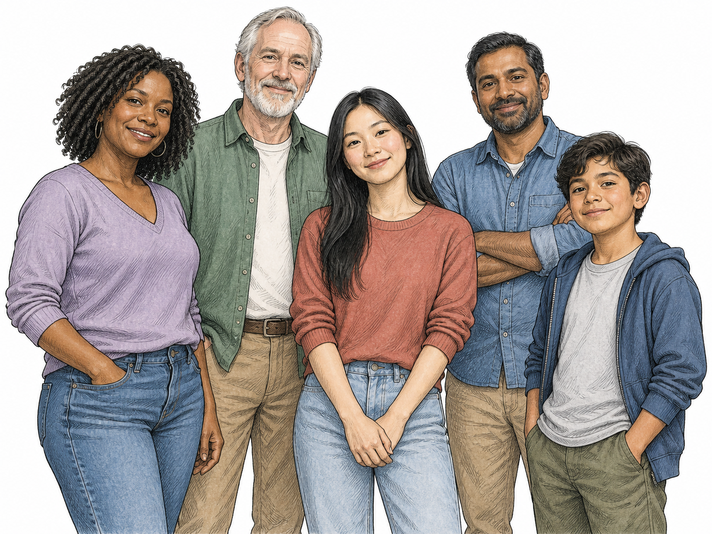 Five ordinary modern people stand together in a loose friendly group with natural different postures, presenting human beings collectively; no signs or task props.