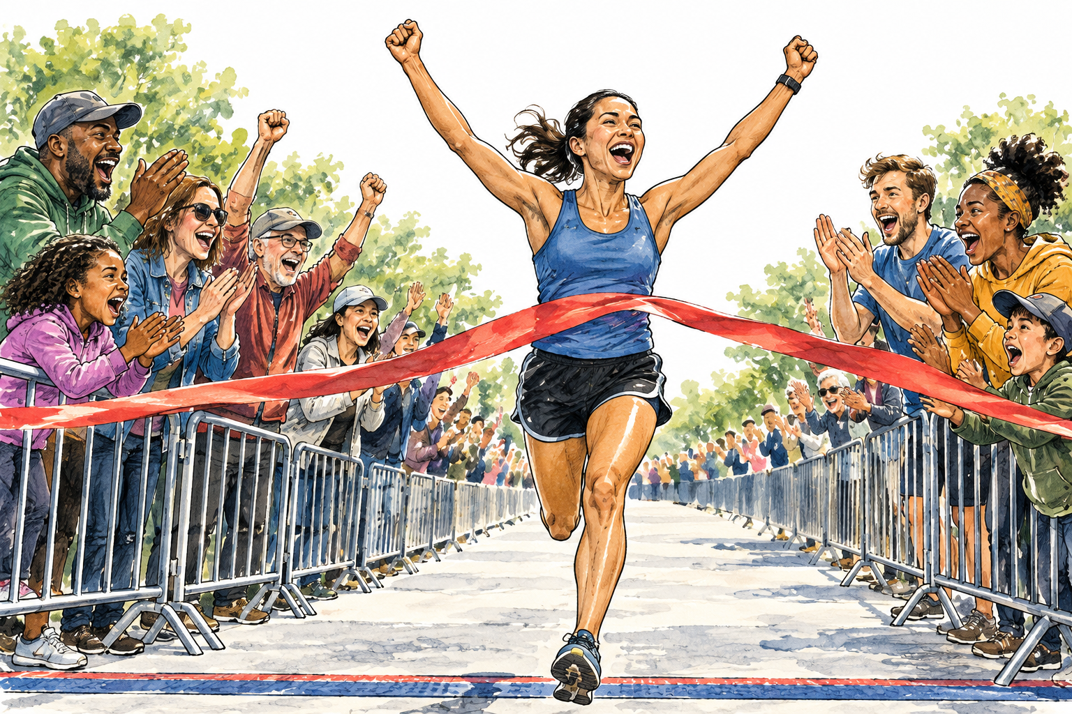 A diverse crowd cheers a runner crossing a finish line with raised arms and open mouths, enthusiastic encouragement, no signs or writing.