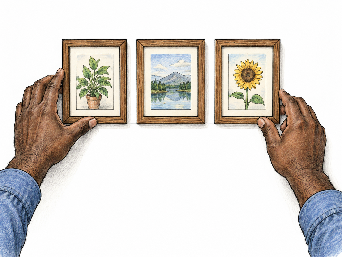 Two adult hands straighten three small picture frames so their lower edges share one horizontal line; correct positioning is clear.