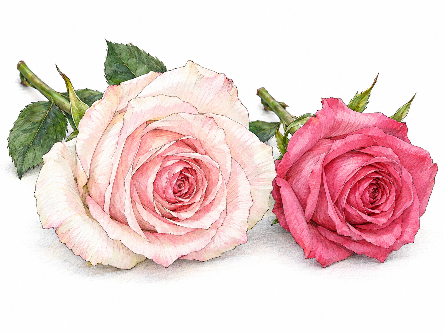 A very pale pink rose beside a smaller deep pink rose makes the lightness of its color immediately visible through direct comparison.