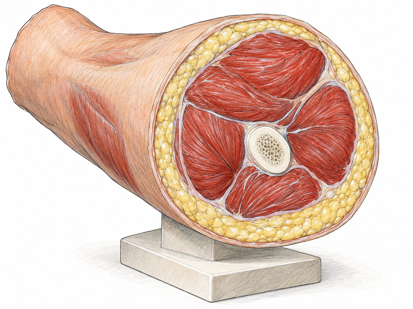 A freestanding anatomical upper-arm cross-section model makes flesh visible as thick red muscle and pale yellow fat surrounding a small central bone, with a thin outer skin layer.