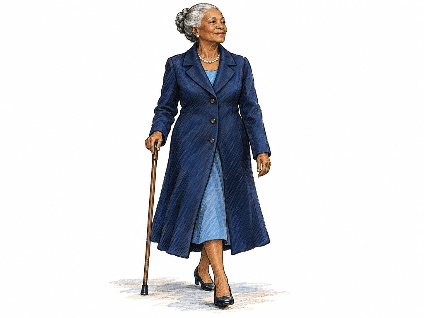 An elderly woman walks slowly and upright in a long elegant navy formal coat, head held high and composed expression, one hand resting lightly on a slender walking cane.