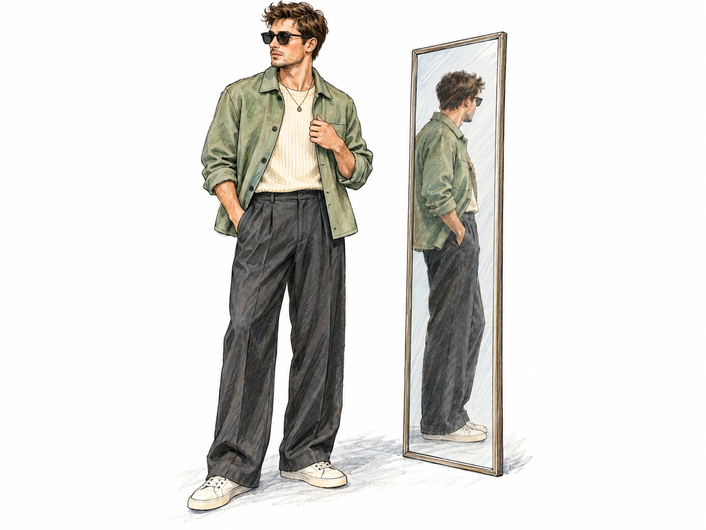 A stylish young man in a coordinated contemporary streetwear outfit poses casually beside a minimal full-length mirror.