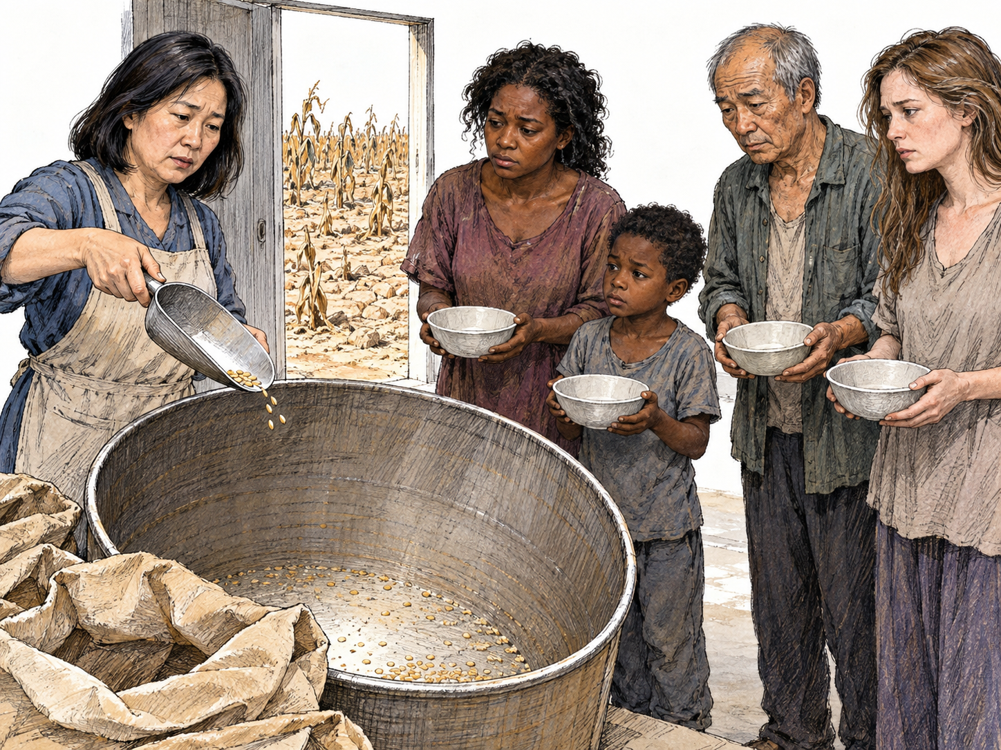 A depleted communal food store serves several visibly hungry people: a worker scrapes the last few grains from a large empty bin while waiting adults and children hold empty bowls.