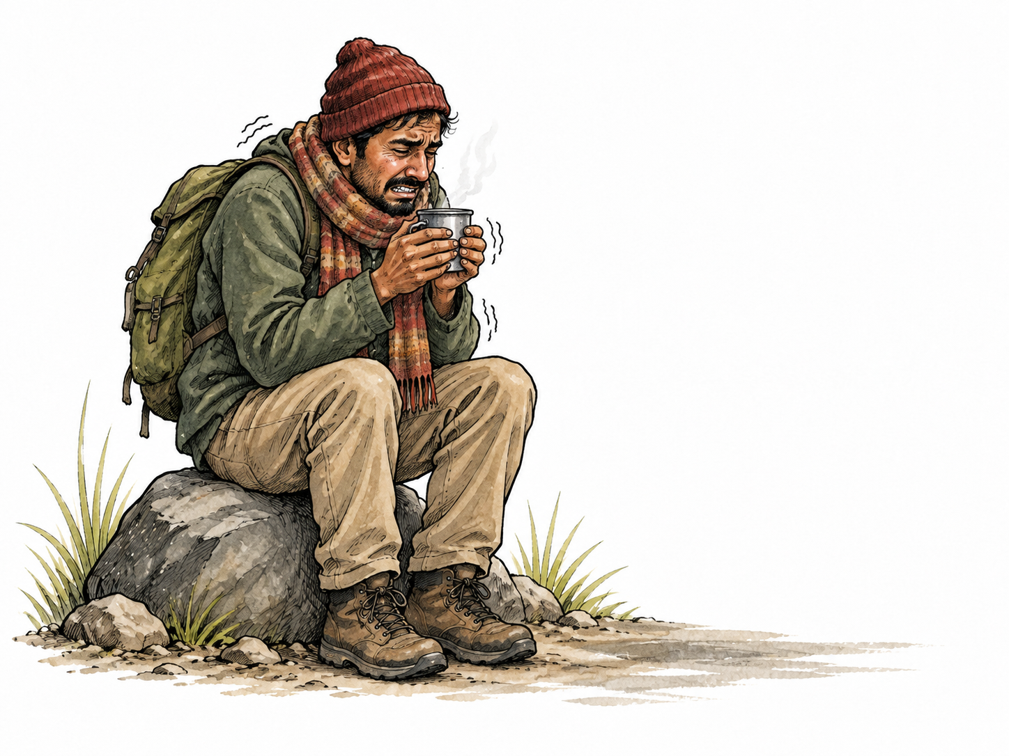 A chilled South Asian traveler shivers with shoulders hunched and hands trembling around a warm cup.