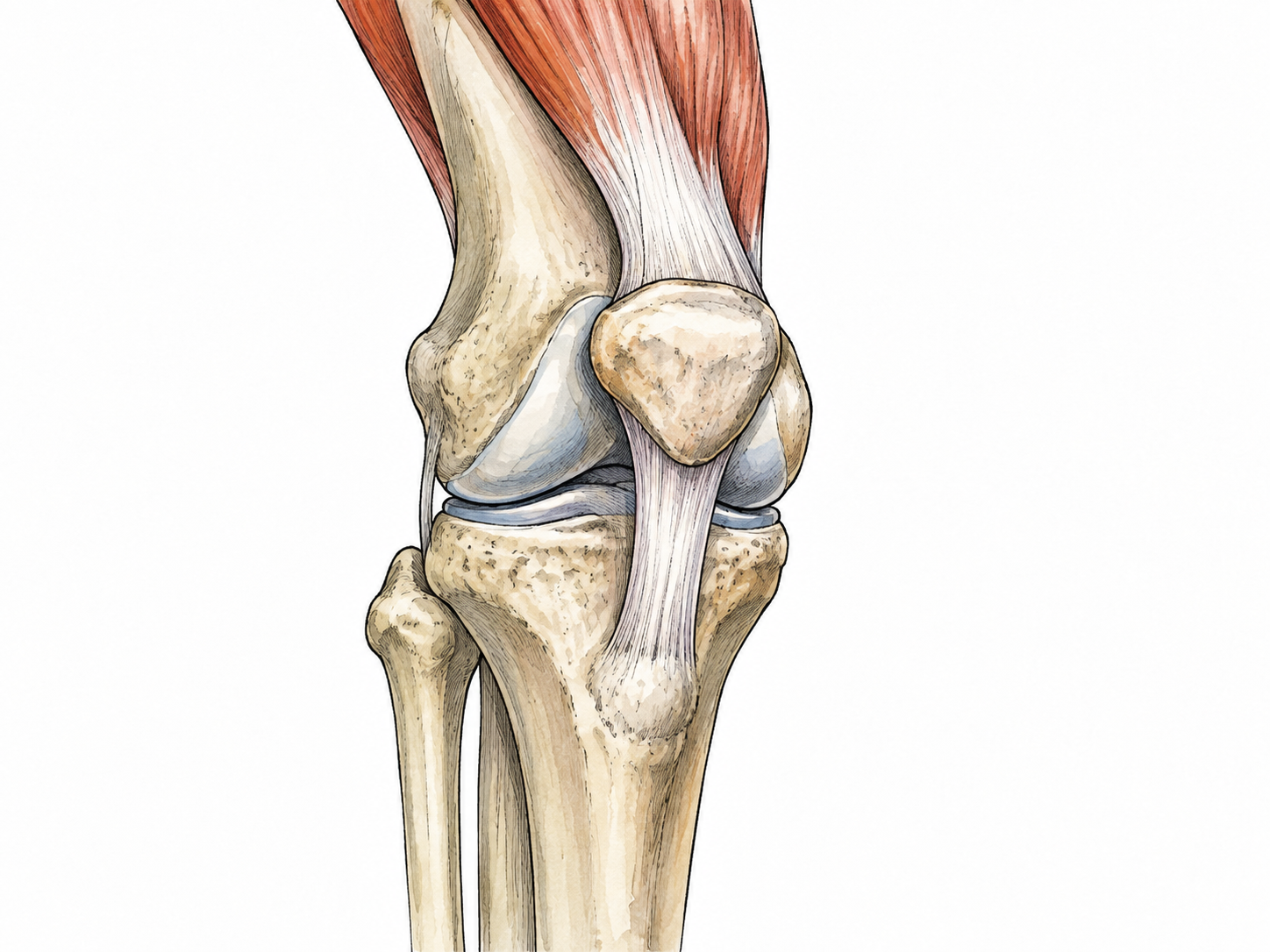 An accurate non-graphic educational knee-joint model emphasizes the small patella at the front.