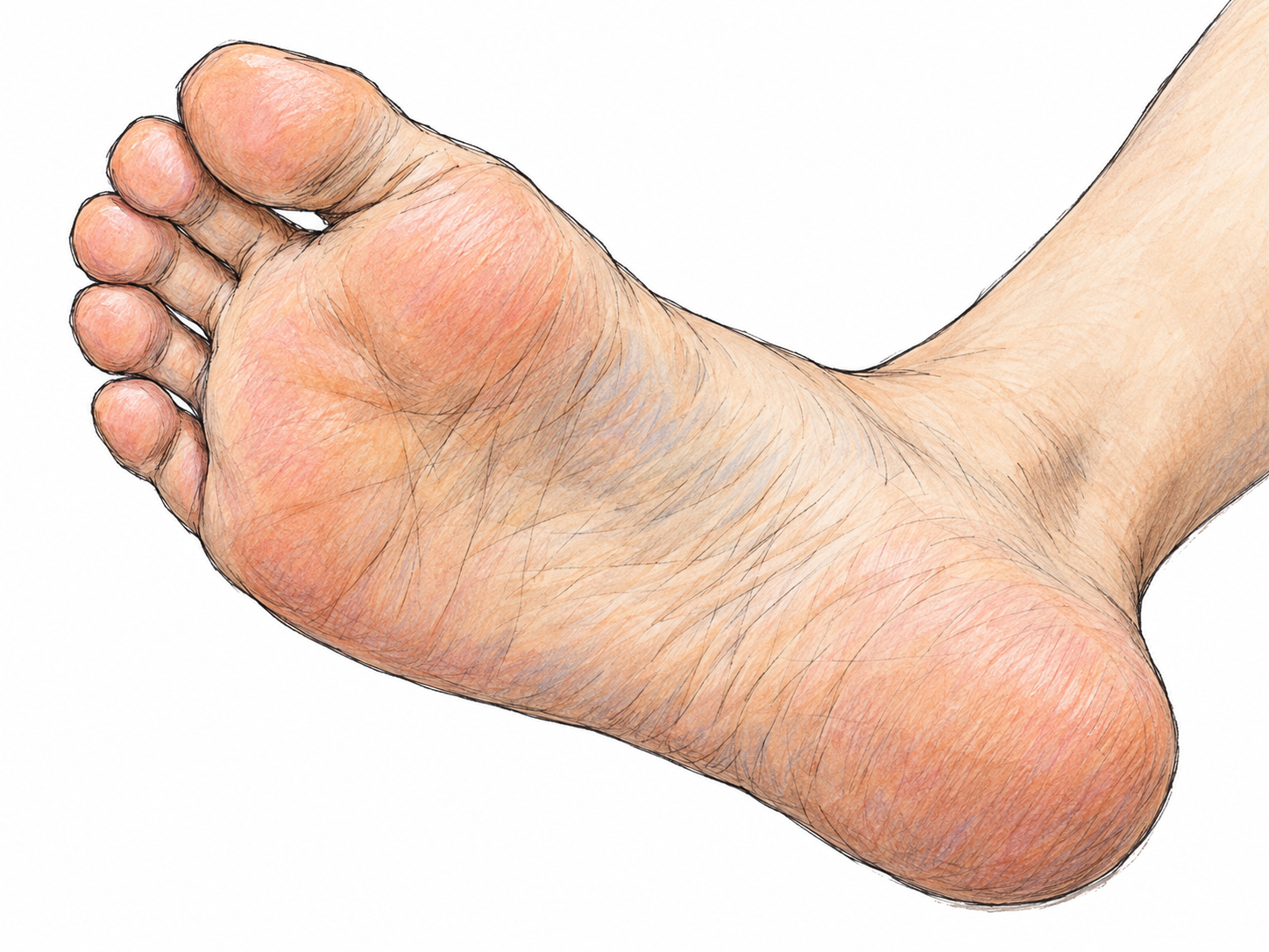 A close-up of the underside of a bare foot, with the heel, arch, ball and toe pads clearly visible, isolating the plantar surface rather than the top of the foot.