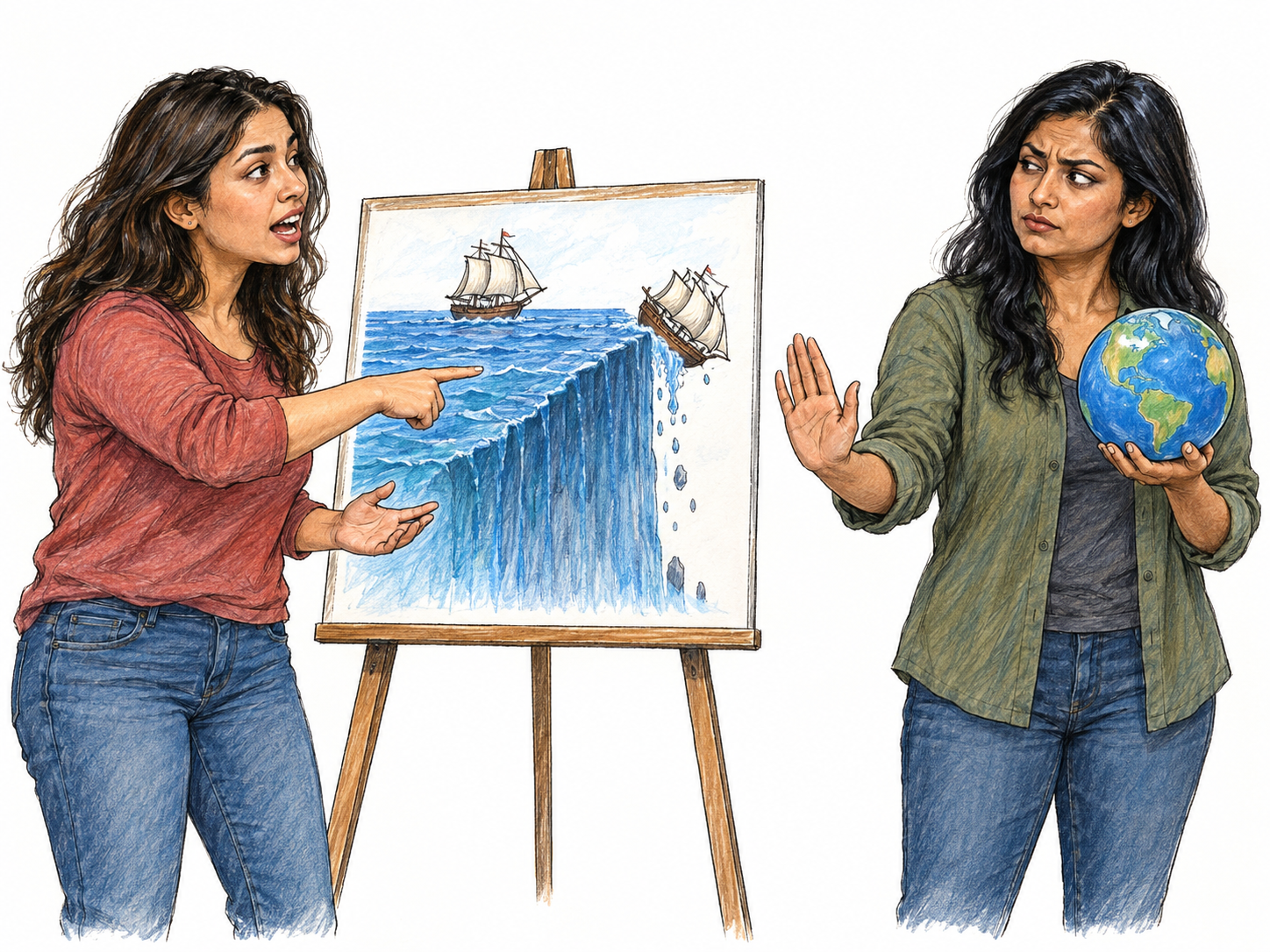 A speaker delivers obvious tripe: she solemnly presents a picture of a flat ocean with ships tumbling off its edge, while a listener holding a globe reacts with incredulous dismissal.