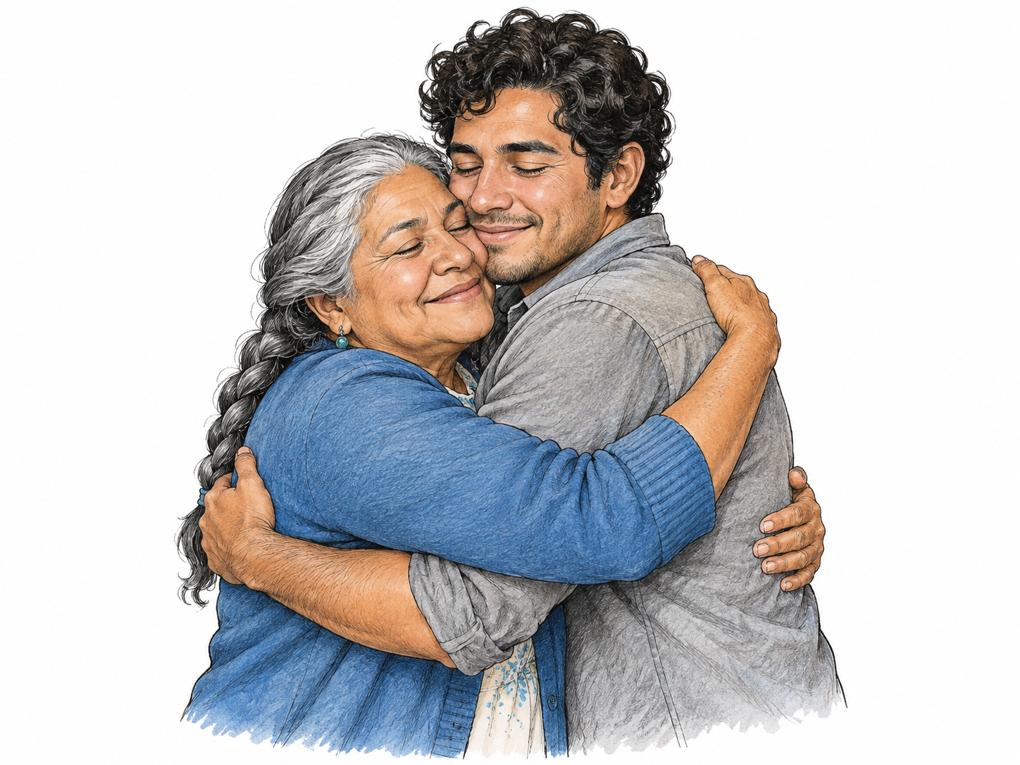 Adult mother and son warmly embrace with both sets of arms wrapping naturally around shoulders and backs; joyful restrained reunion, waist-up white vignette.