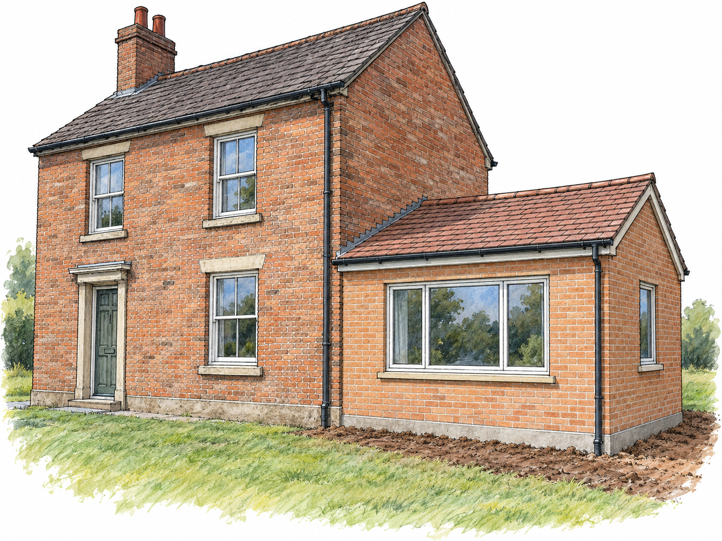 A newly built small room attached to the side of an older, larger house: the fresh wing is visibly an addition to the existing whole.
