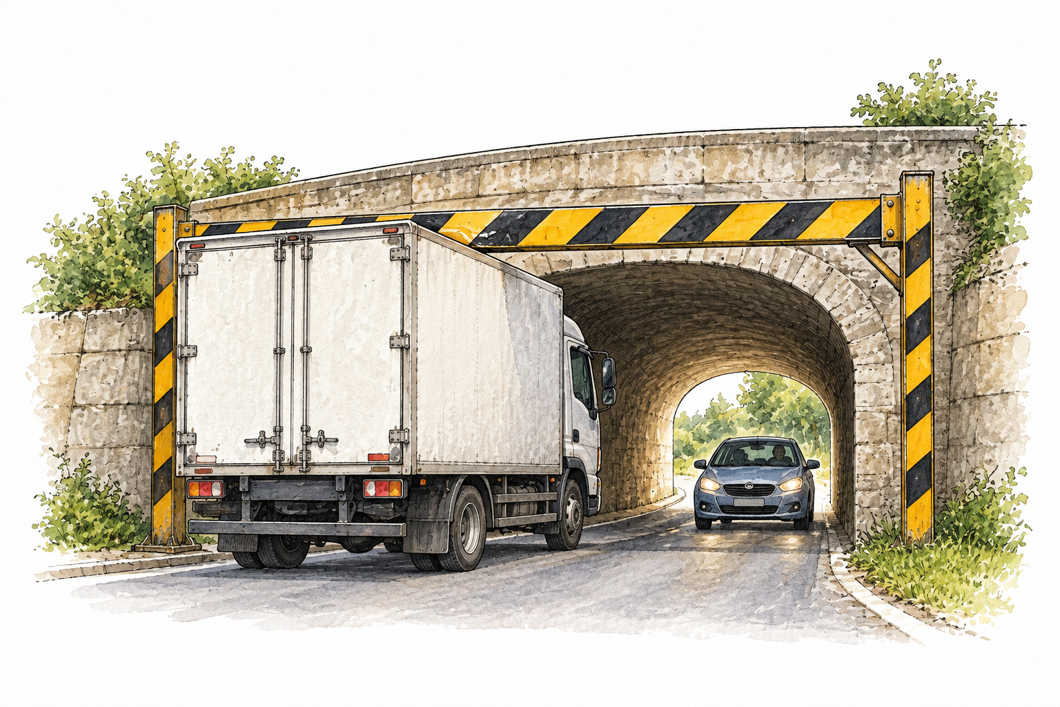 A height-limit barrier prevents a tall truck entering a low tunnel while a small car passes safely, no written labels or numbers.