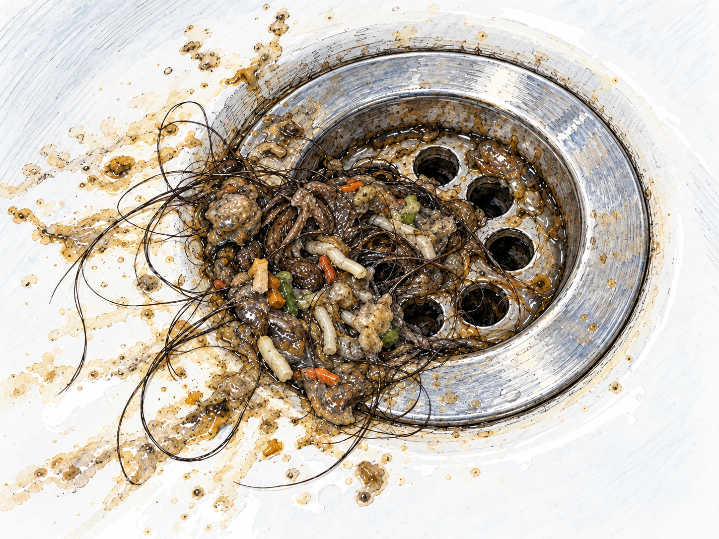 A close view of a sink drain clogged with wet, unpleasant grime: tangled hair, greasy gray-brown sludge and small food scraps contrast with the clean white basin.