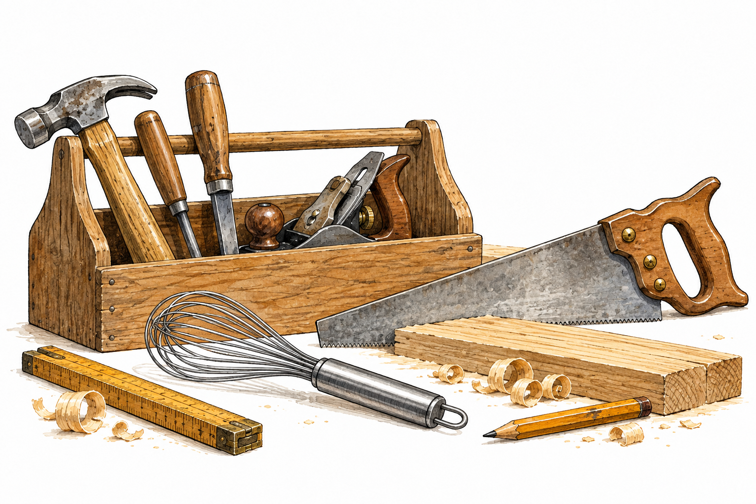 A single kitchen whisk among essential woodworking tools, clearly irrelevant to the carpentry task.
