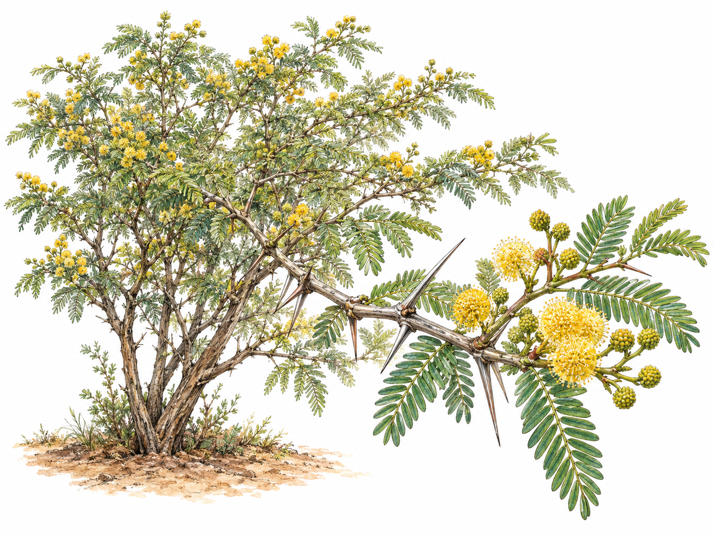 A flowering thorny acacia shrub, with a foreground branch clearly showing paired straight thorns, fine bipinnate leaves, and clusters of small golden-yellow spherical flower heads.