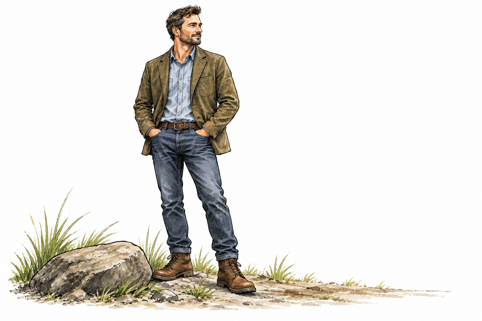 Adult man with short beard in a traditionally masculine tailored jacket and sturdy boots, natural neutral pose, no exaggerated muscles.