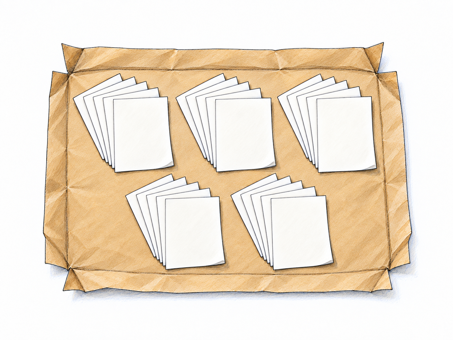 One set of twenty-five blank writing-paper sheets opened out for counting: five neatly separated fans of five sheets, all contained on a single open paper wrapper.