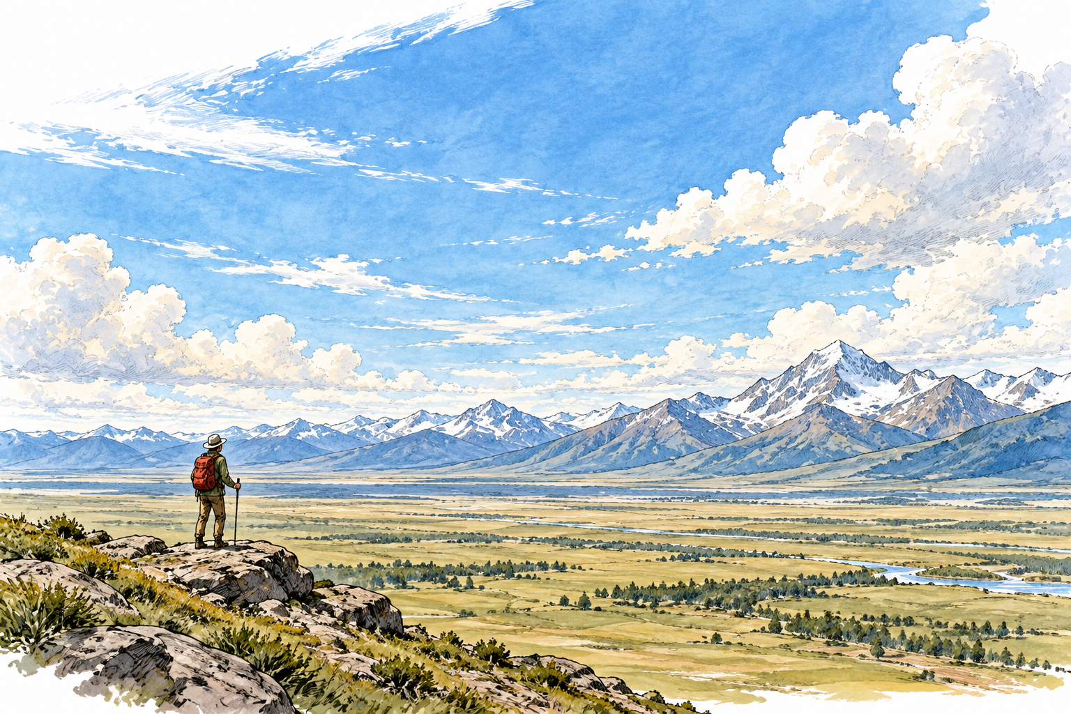A tiny lone traveler dwarfed by an immensely broad mountain plain under a vast sky.