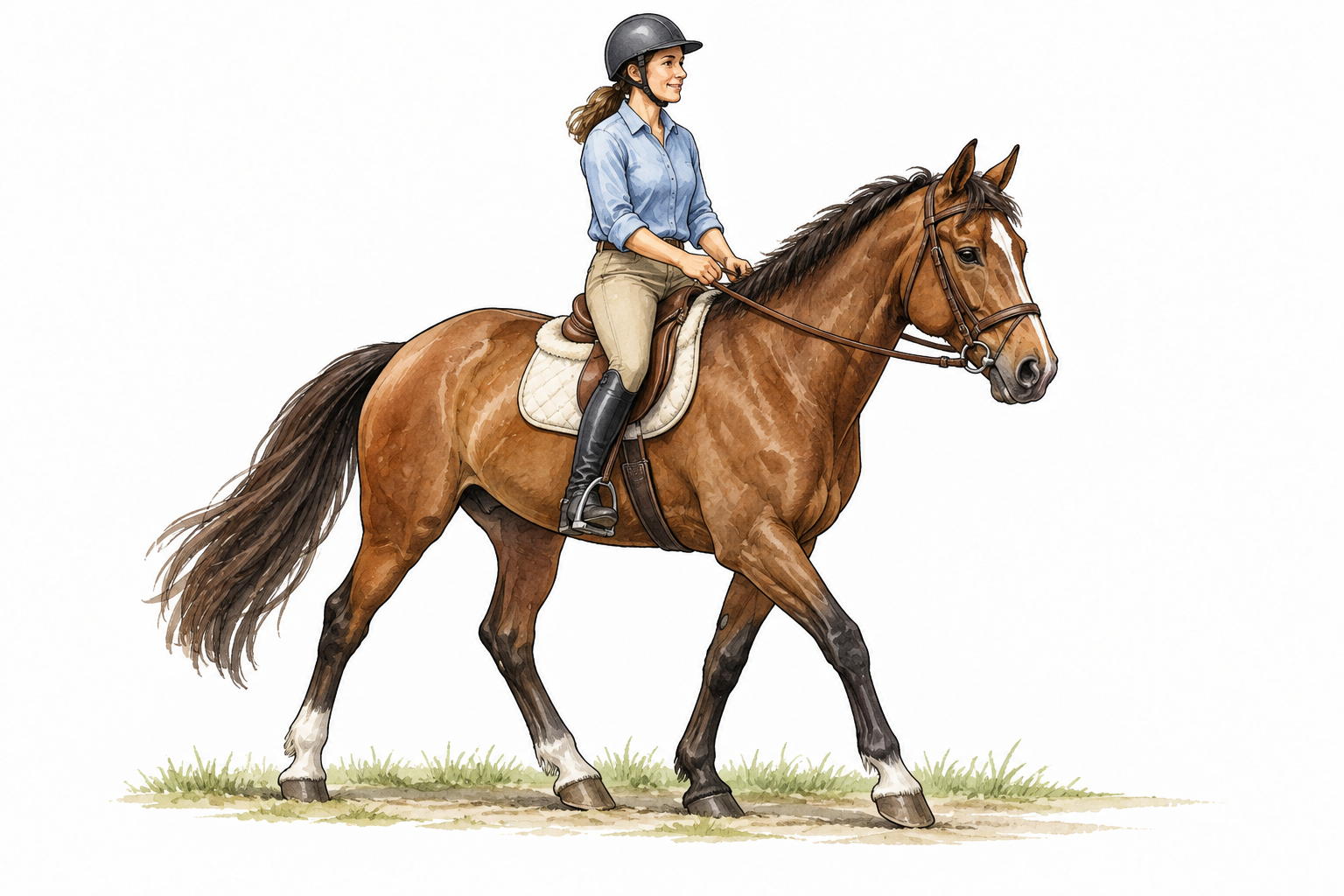 Adult sits astride a horse with one leg clearly on each side.