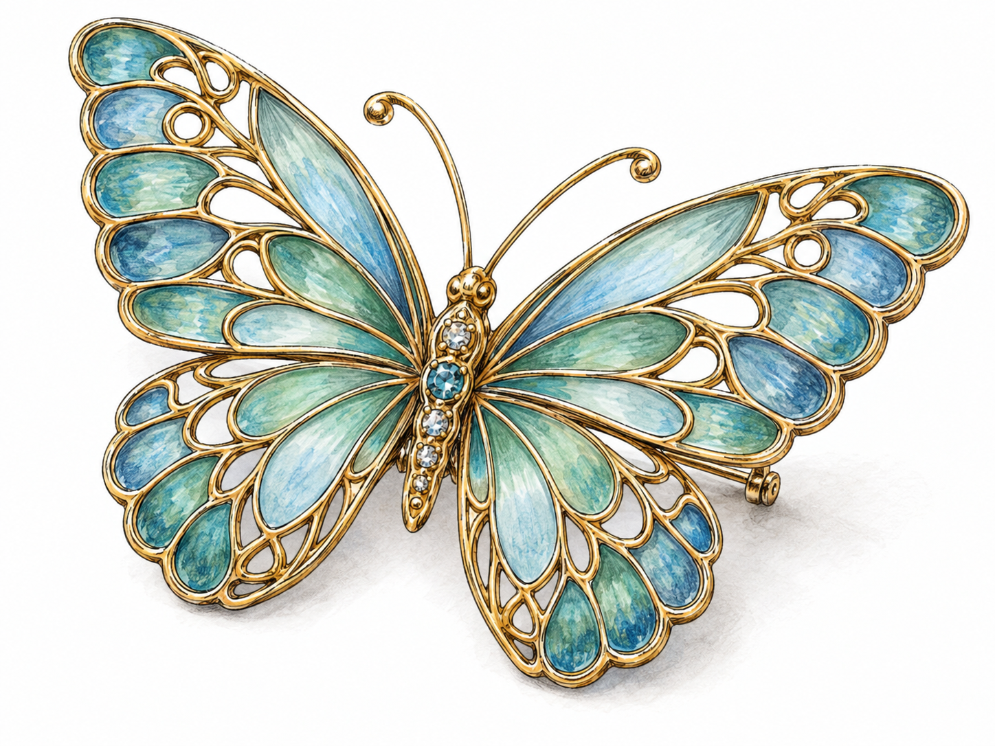 A single exquisitely crafted butterfly brooch, enlarged to reveal delicate gold filigree, translucent enamel wings, and precisely set tiny gemstones.